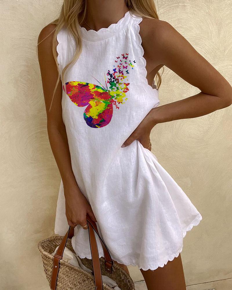 

Butterfly Print Scallop Trim Casual Dress, White