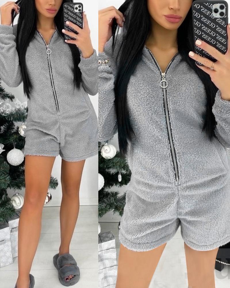 

Zip Front 3D Ear Long Sleeve Lounge Romper, Light gray