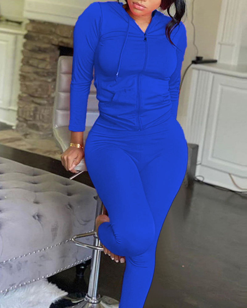 

Long Sleeve Zip Up Drawstring Hooded Top & Pants Set, Blue