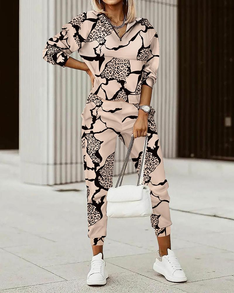

Leopard Print Long Sleeve Hooded Top & Pants Set, Apricot