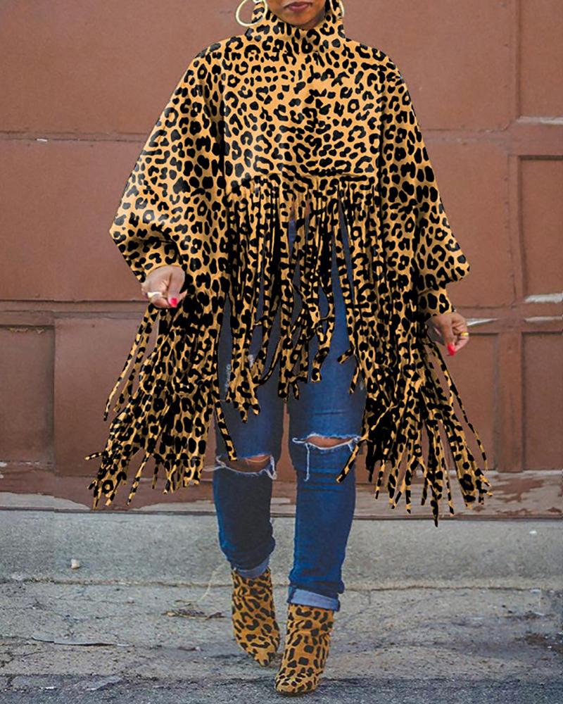 

Cheetah Print High Neck Lantern Sleeve Tassel Design Top, Leopard