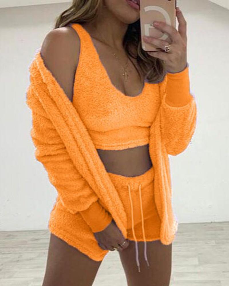 

Fuzzy Tank Top & Shorts Set With Cardigan, Orange