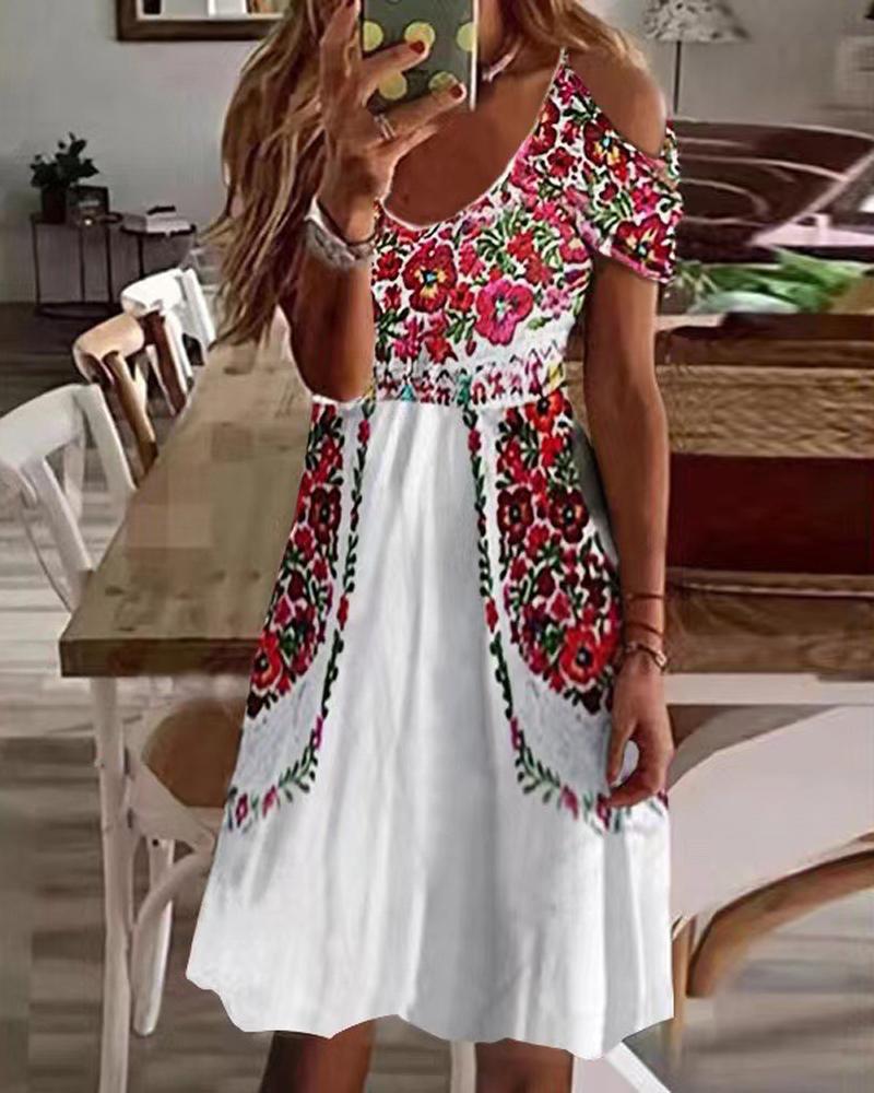 

Floral Print Cold Shoulder Casual Dress, White