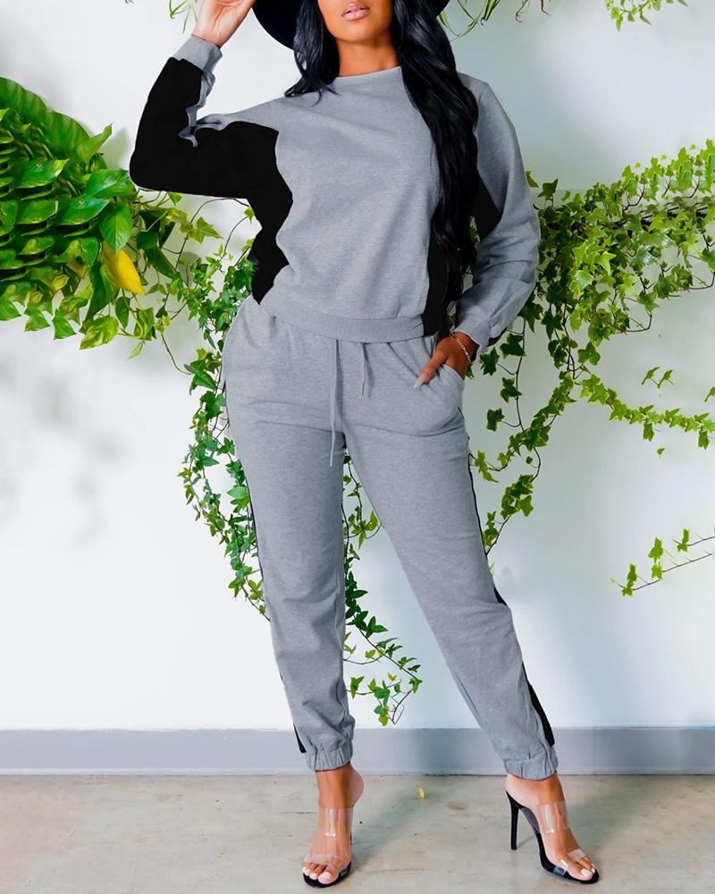 

Long Sleeve Colorblock Sweatshirt & Pocket Design Pants Set, Gray