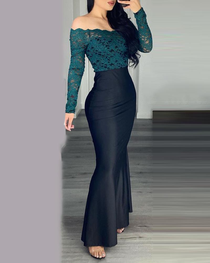 

Off Shoulder Lace Top & Mermaid Skirt Set, Green