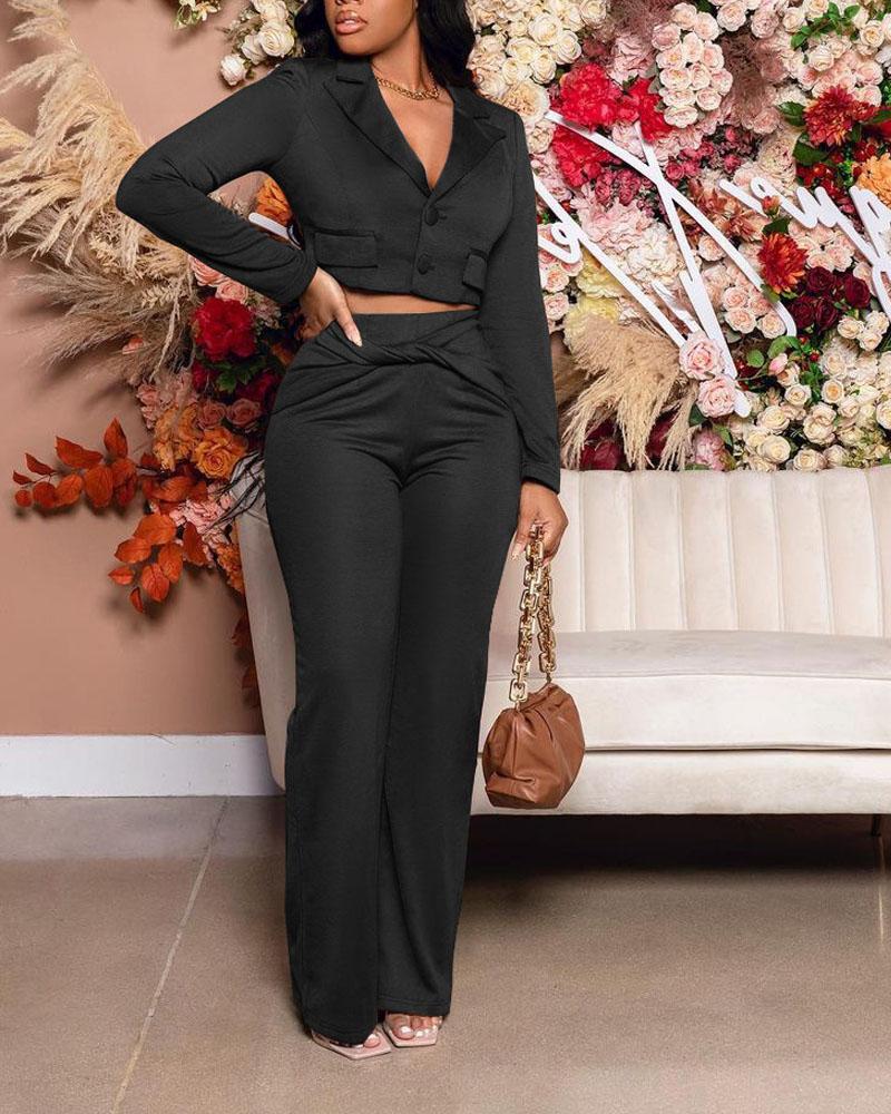 

Long Sleeve Double Button Crop Blazer & Twist Pants Set, Black
