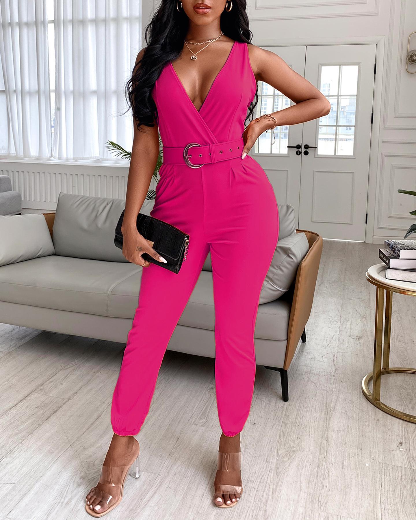 

Plain Thick Strap Jumpsuit With Belt, Hot pink