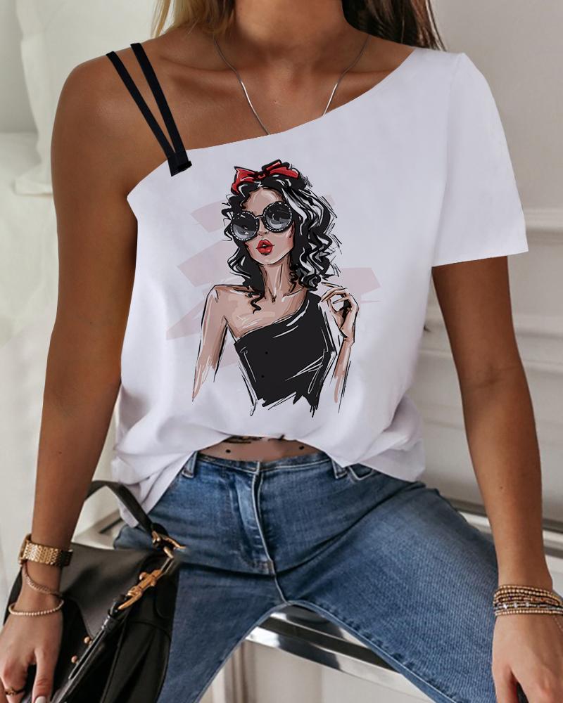 

Figure Letter Print Double Strap One Shoulder Top, White