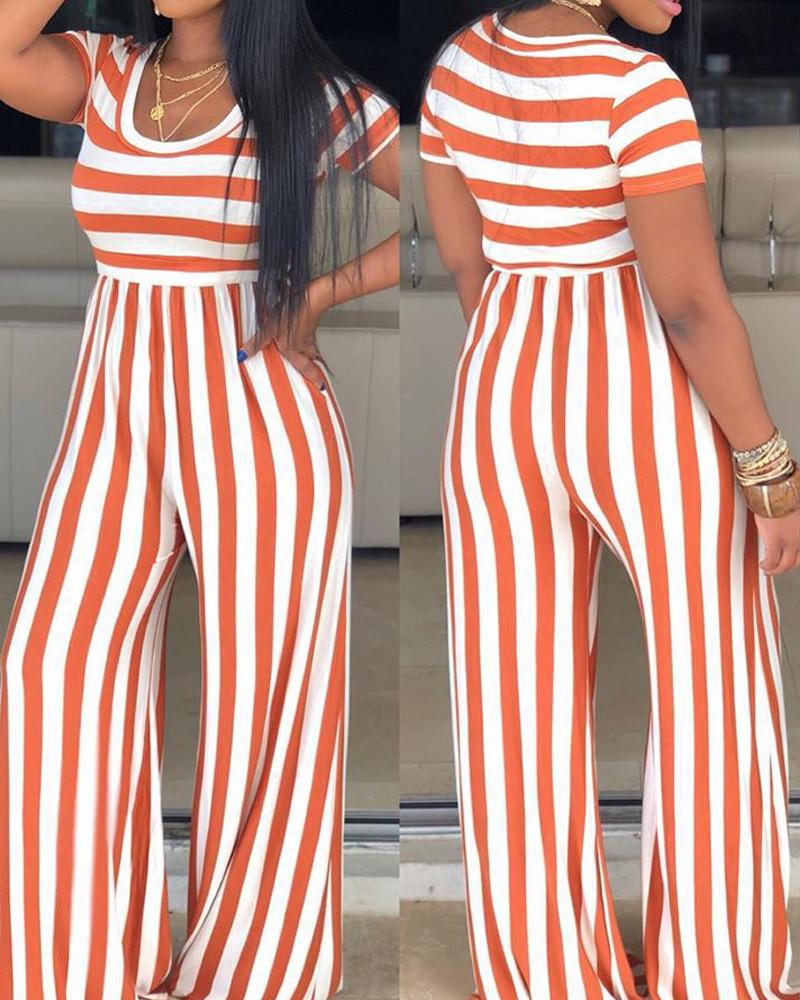 

Striped Print Short Sleeve Wide Leg Jumpsuit, Orange