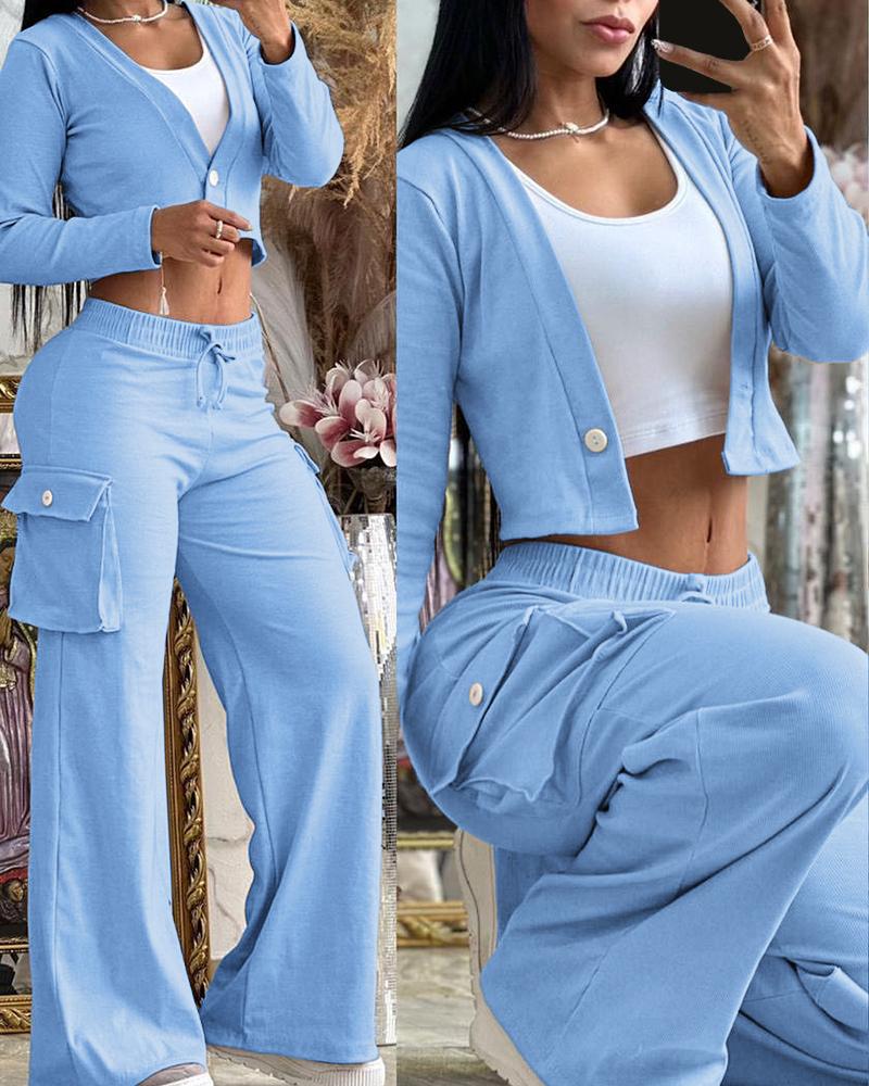 

Buttoned Crop Top & Pocket Design Drawstring Pants Set, Lighted blue