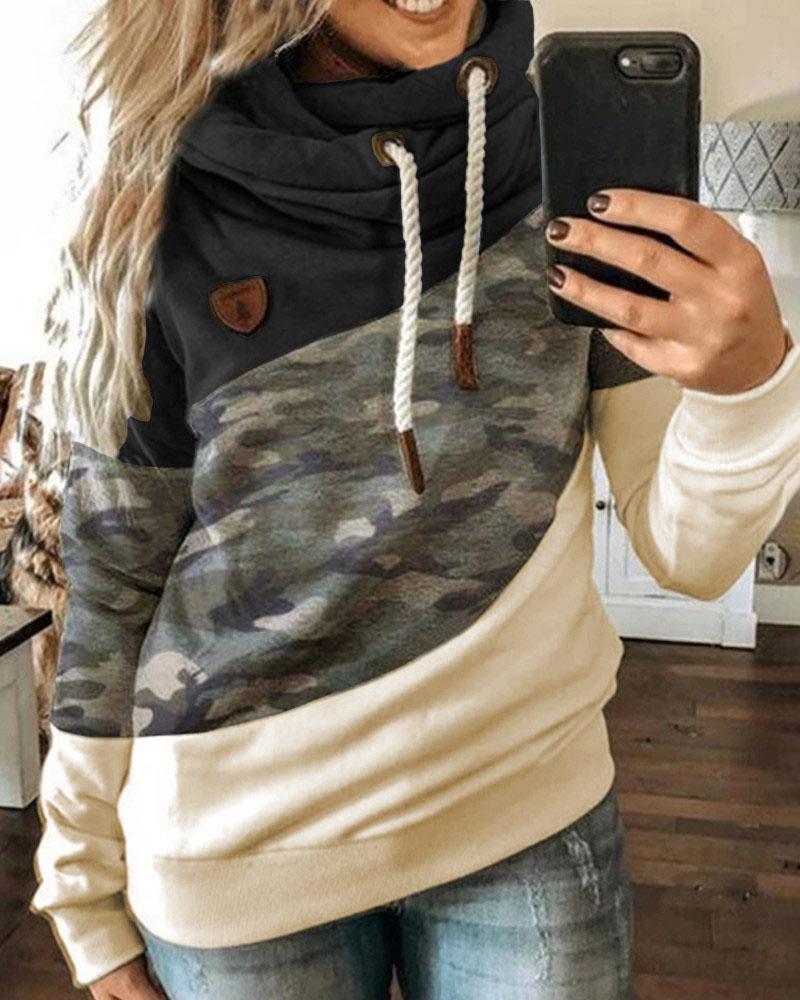 

Colorblock Camouflage Print Lantern Sleeve Hooded Top, Black