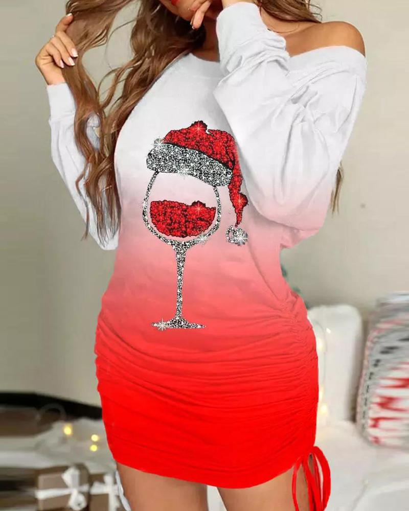 

Christmas Wine Glass Print Ombre Drawstring Sweatshirt Dress, Red
