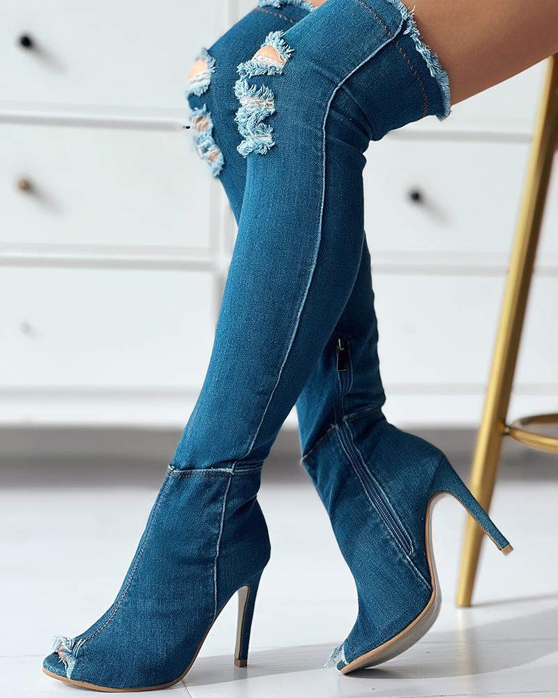 Denim Ripped Fringe Hem Over The Knee Boots