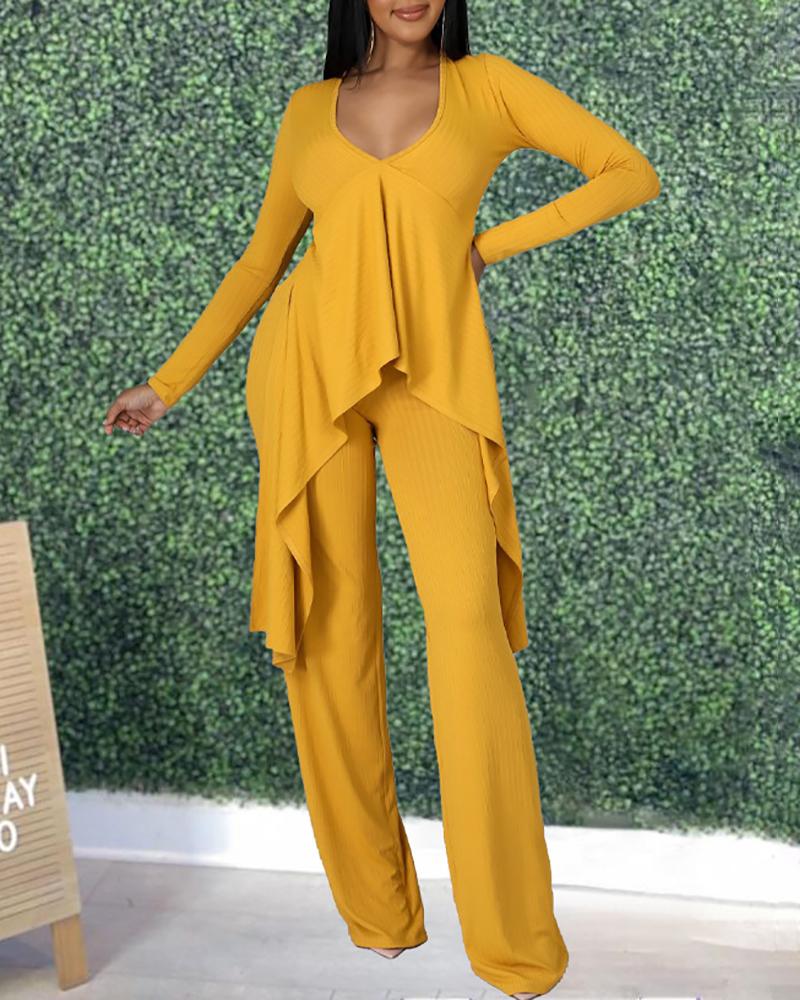 

Ruffle Hem Long Sleeve Top & Wide Leg Pants Set, Yellow