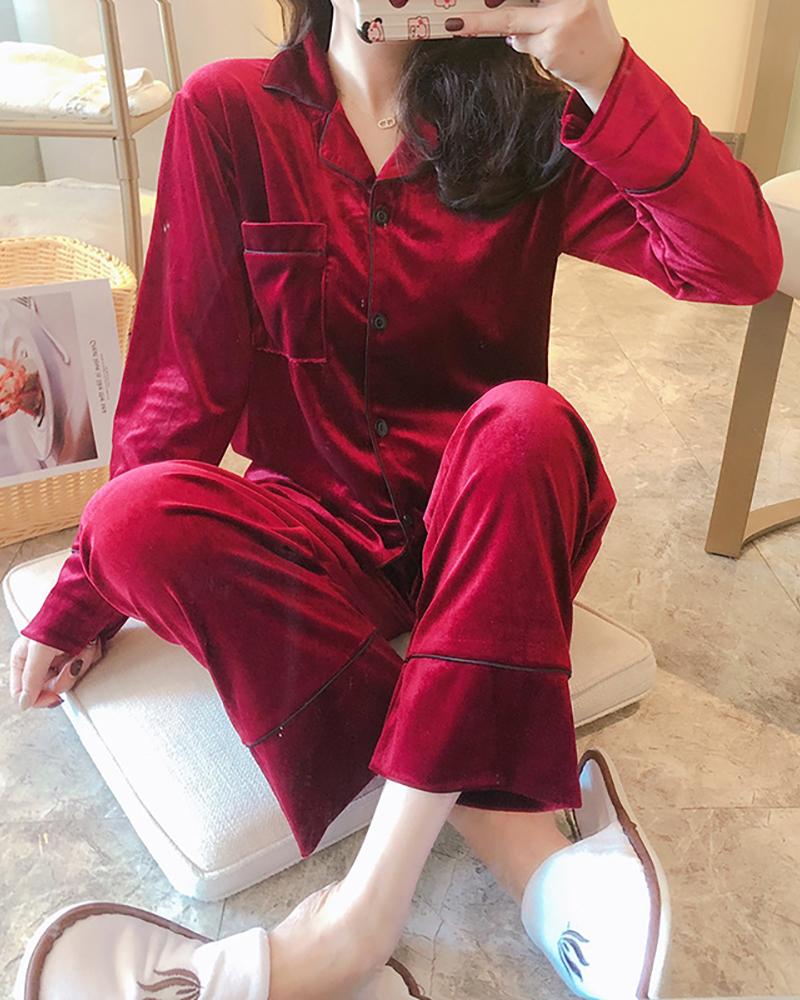 

Plain Pocket Design Pajamas Set, Wine red