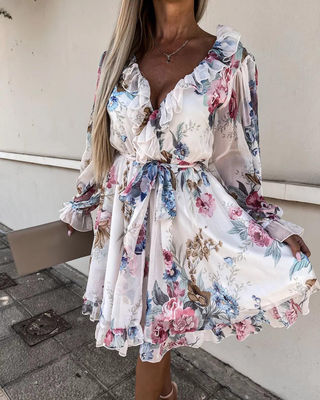 

Ruffles Floral Print Long Sleeve Dress, Apricot
