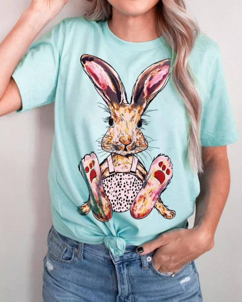 

Easter Bunny Print Crew Neck Casual T-shirt, Sky blue