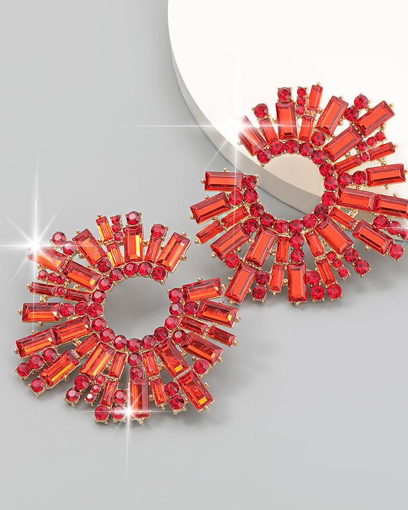 

1Pair Sunflower Shaped Colorful Rhinestone Earrings, Red