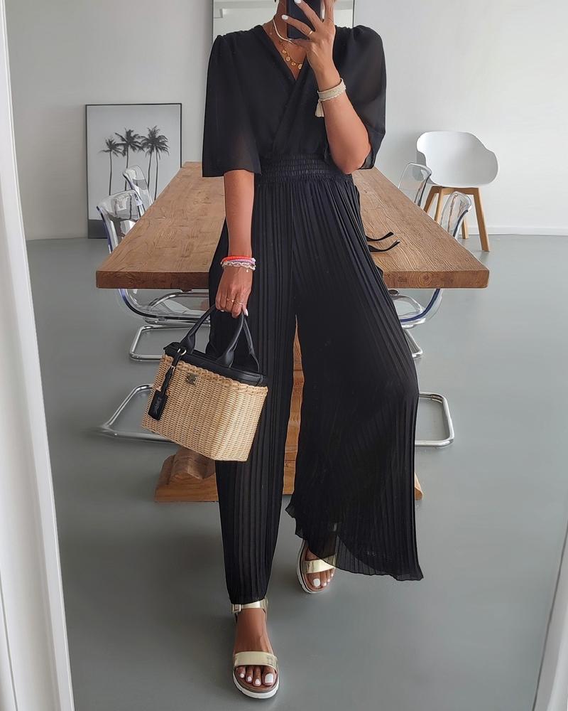 

V-Neck Pleated Wide Leg Jumpsuit, Black