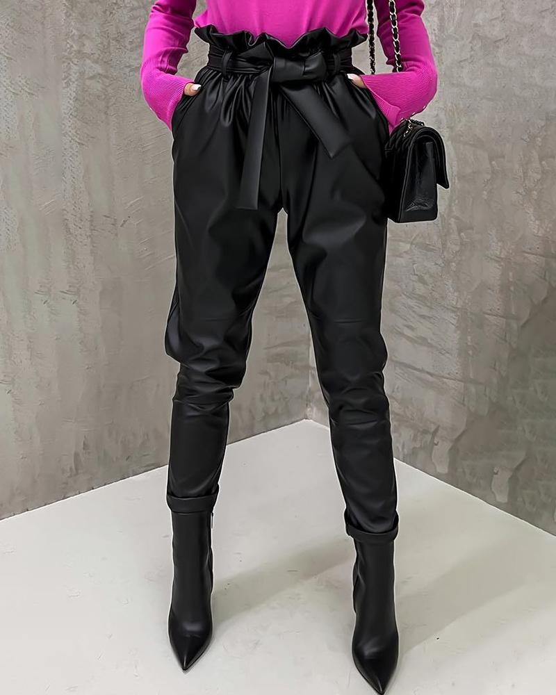 

Ruched High Waist PU Leather Pants With Belt, Black