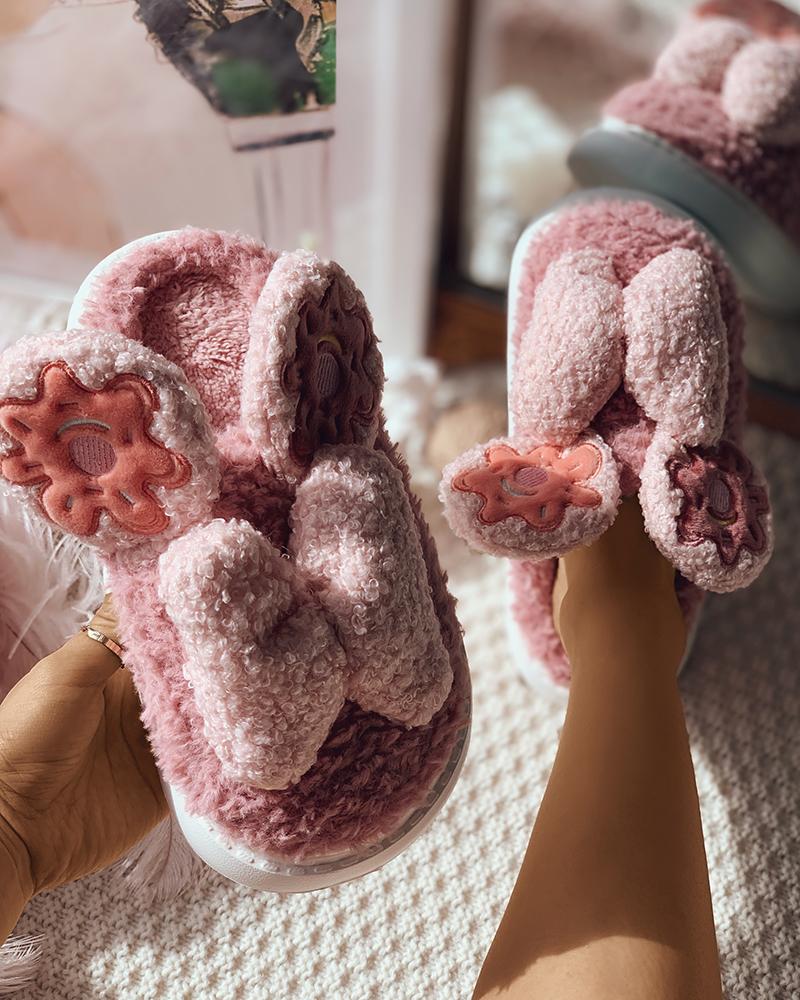 

Bowknot Decor Donut Pattern Fluffy Slippers, Pink