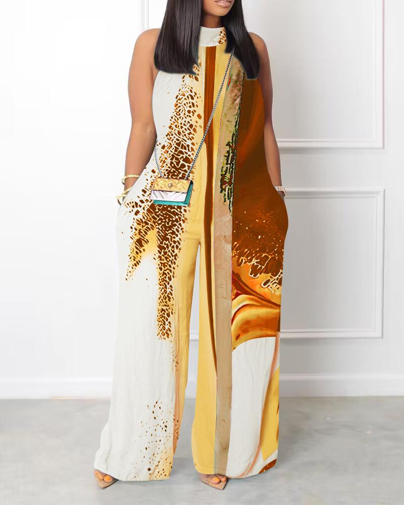 

Tie Dye Print Pocket Detail Wide Leg Jumpsuit, Brown