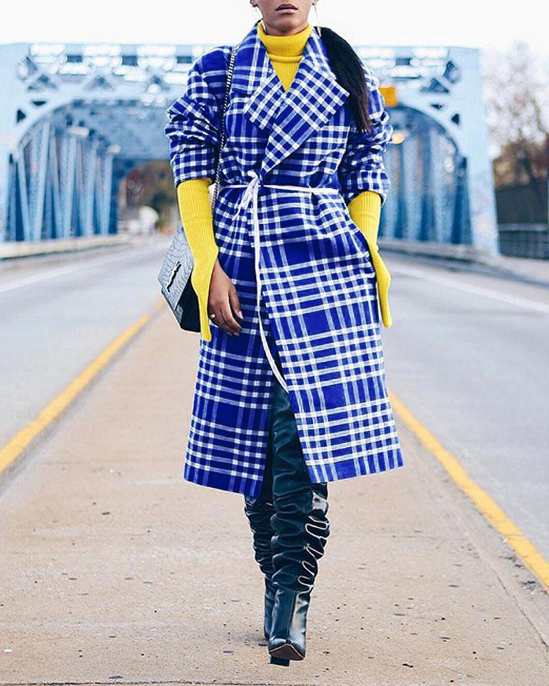 

Plaid Print Longline Trench Coat, Blue