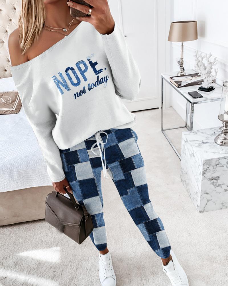 

Denim Look Nope Not Today Print Top & Drawstring Pants Set, Blue