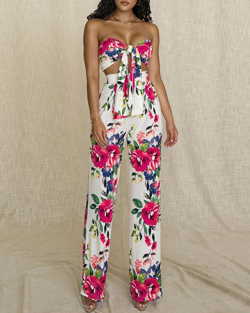 

Floral Print Knotted Front Bandeau Top & High Waisted Pants Set, Red