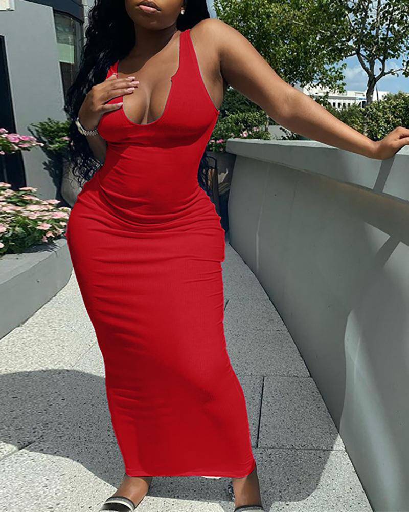 

U Neck Sleeveless Skinny Maxi Dress, Red