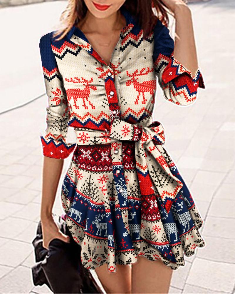 

Christmas Print Long Sleeve Button Front Shirt Dress, Multicolor