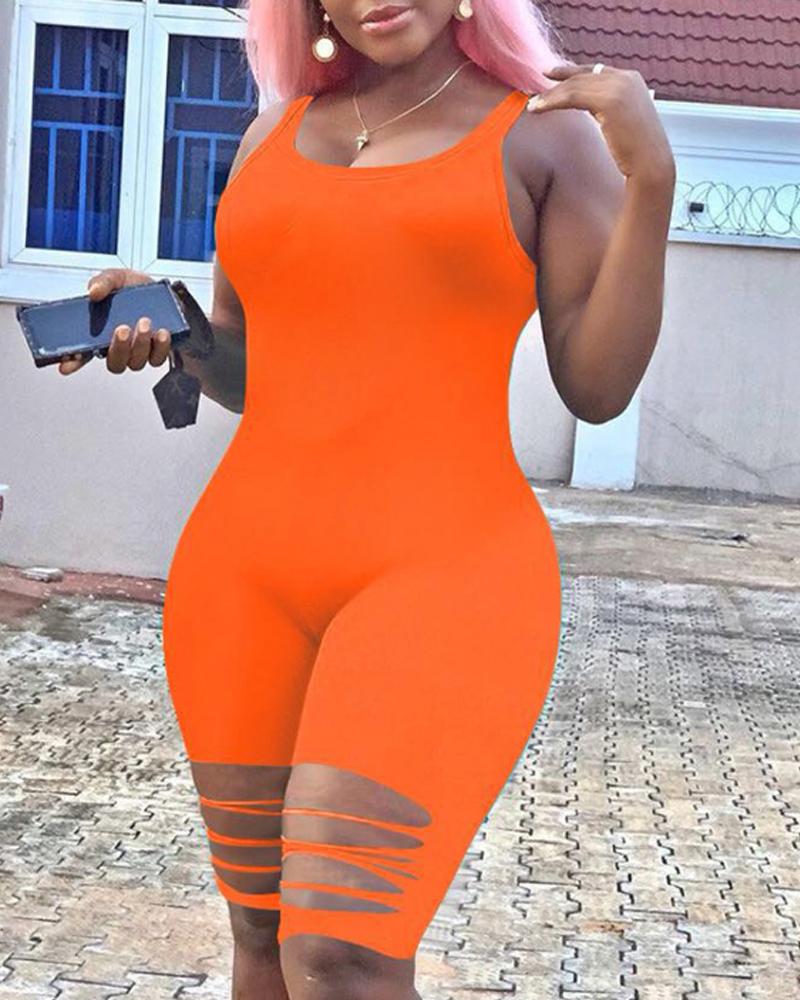 

Cutout U-Neck Sleeveless Skinny Romper, Orange