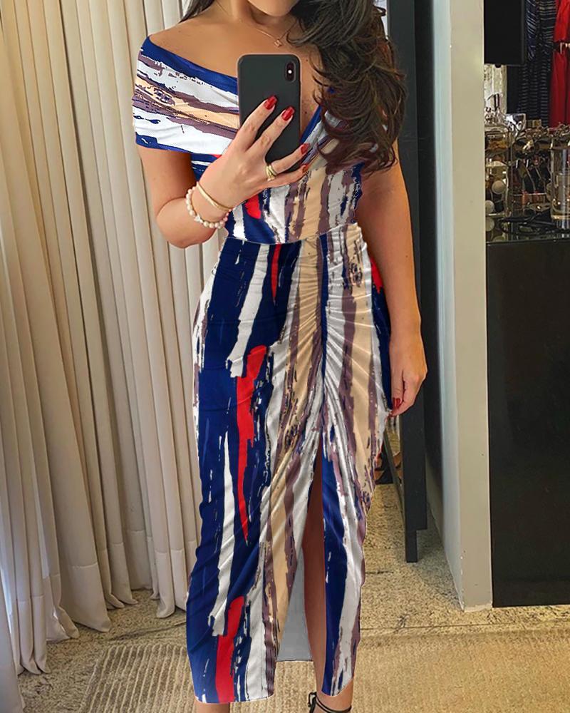 

Colorblock Off Shoulder Slit Maxi Dress, Multicolor