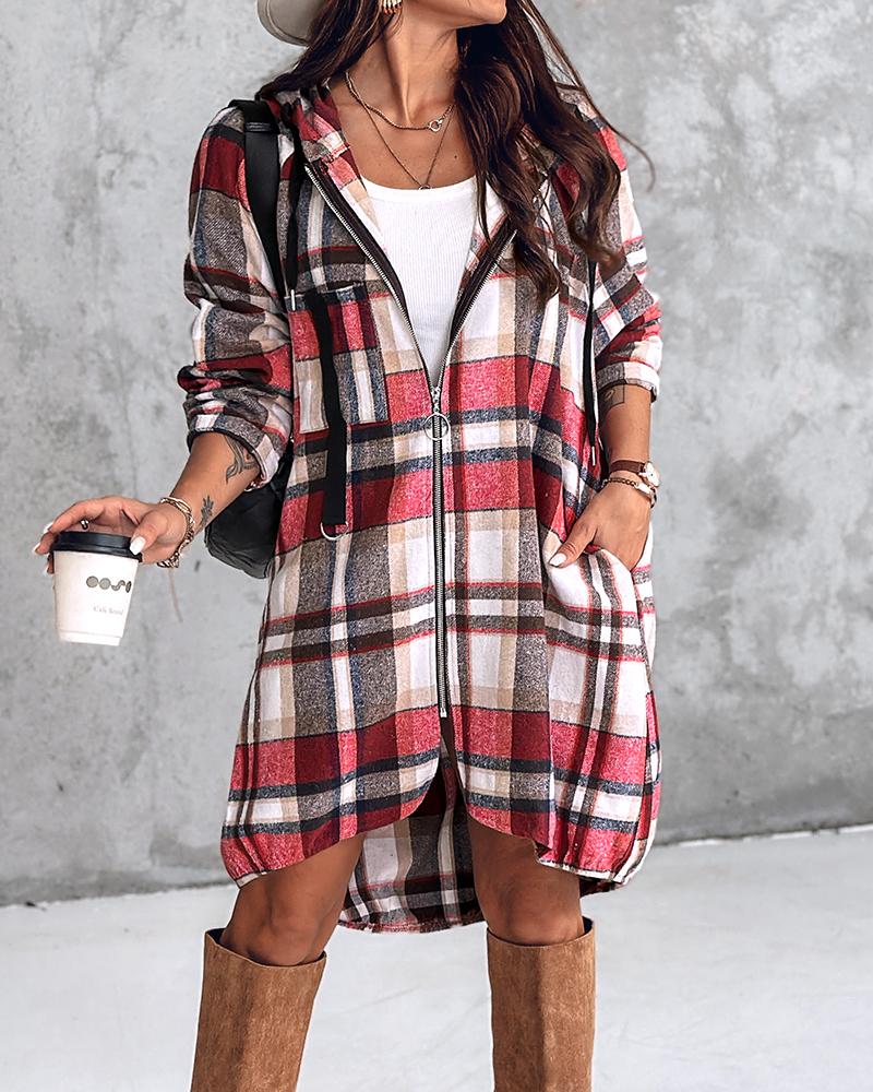 

Plaid Pattern Shacket Zipper Design Oversized Longline Casual Hooded Coats with Pockets, Red