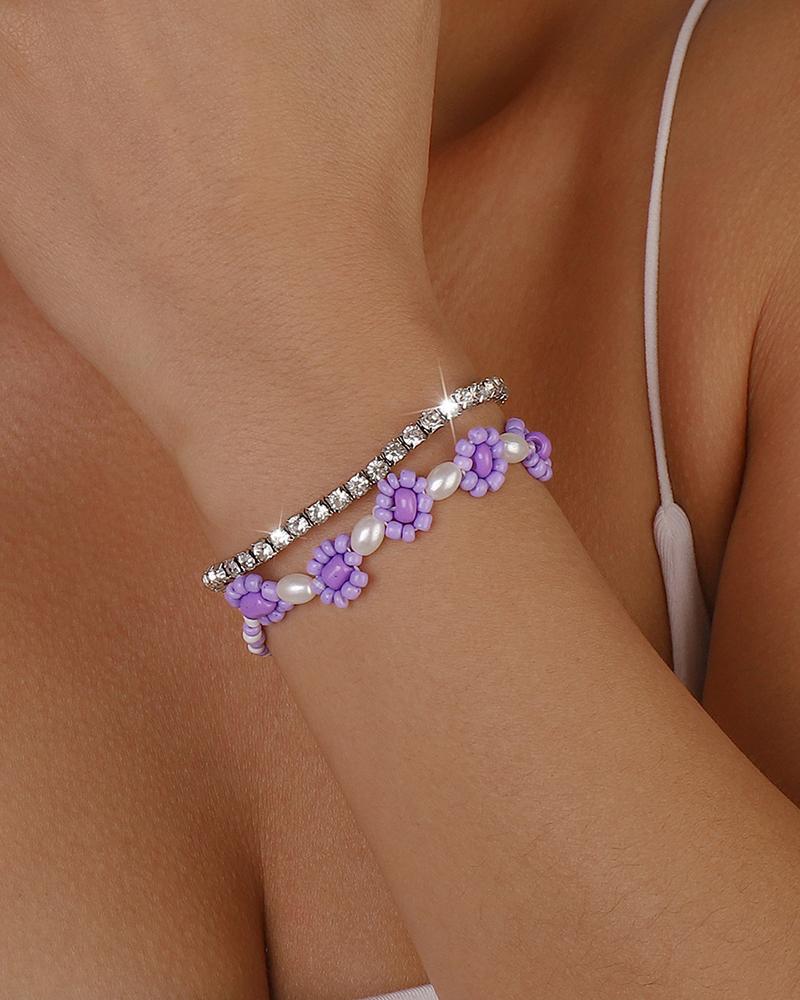 

2pcs Beaded Rhinestone Floral Pattern Bohemian Bracelet, Purple