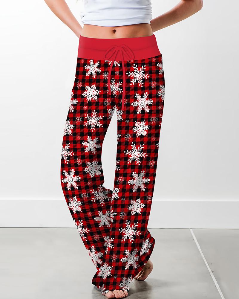 

Christmas Snowflake Plaid Print Wide Leg Pants, Dark red