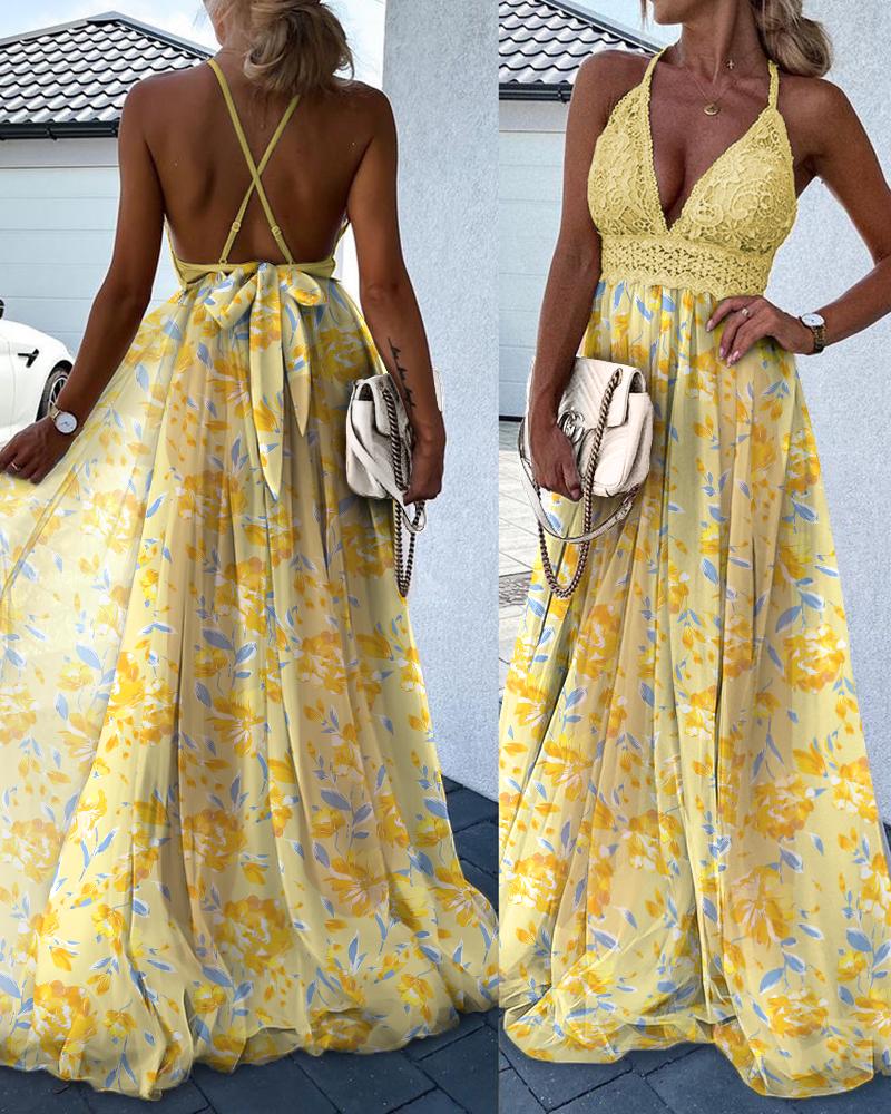 

Floral Print Crisscross Backless Contrast Lace Maxi Dress, Yellow