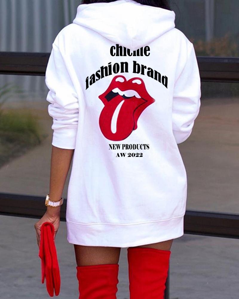 

Lip Letter Print Long Sleeve Hoodie, White