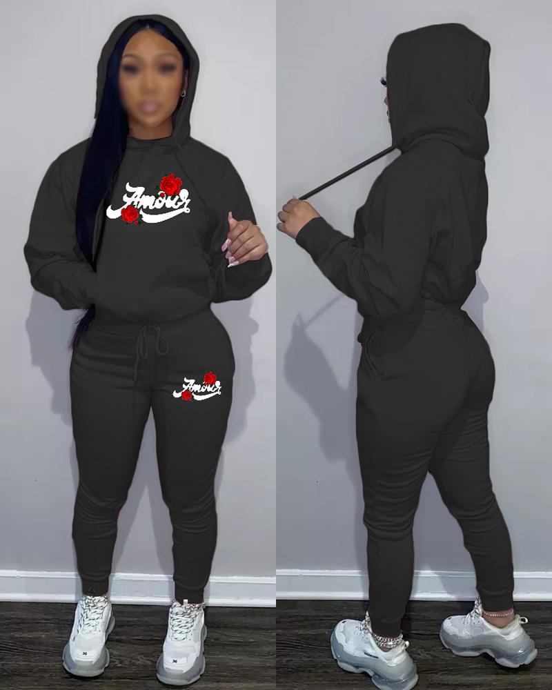 

Plus Size Letter Floral Print Casual Hoodie & Pants Set, Black