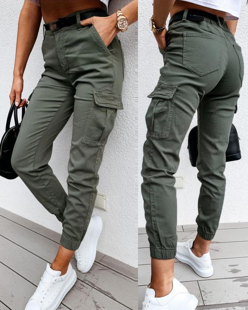 

Pocket Design High Waist Cargo Pants, Green