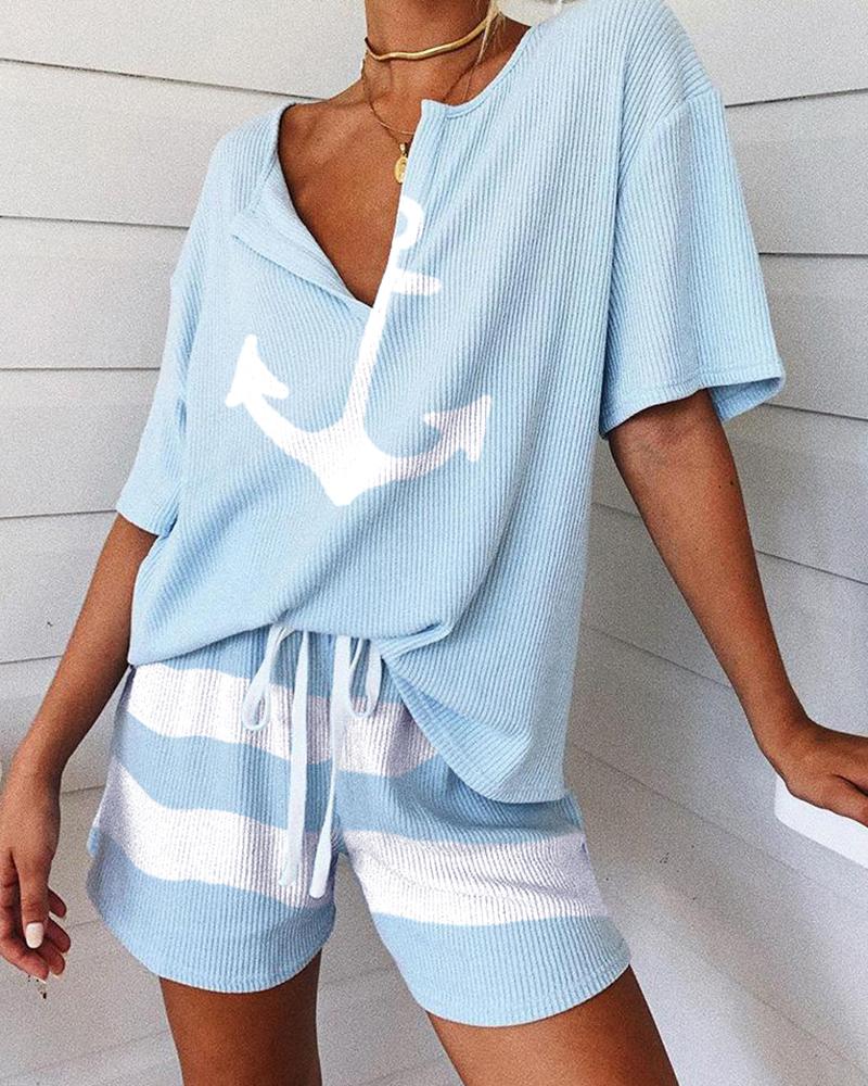 

Boat Anchor Print Striped Short Sleeve Pajamas Set, Lighted blue
