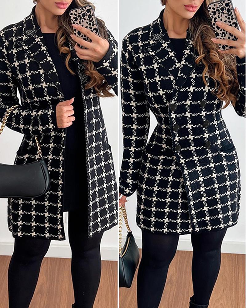 

Plaid Print Double Breasted Knit Cardigan, Black