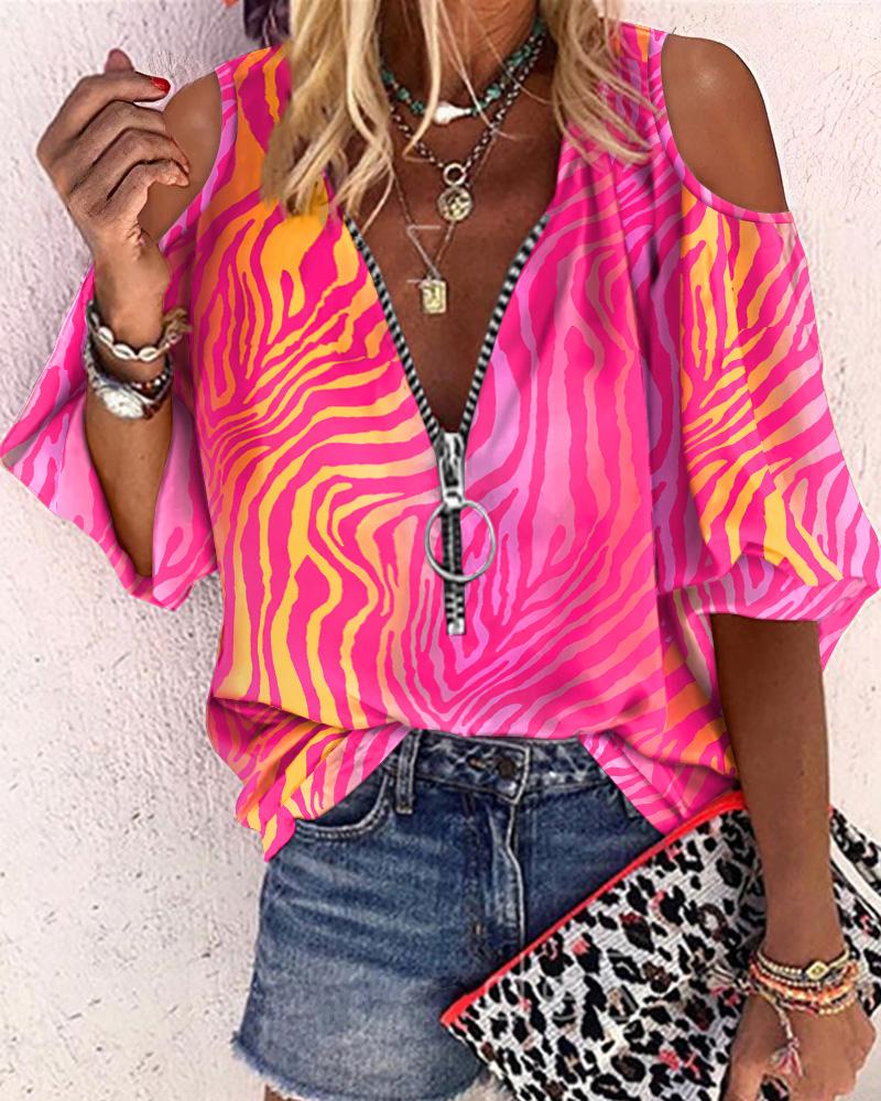 

Ombre Zebra Stripe Print Cold Shoulder Top, Hot pink