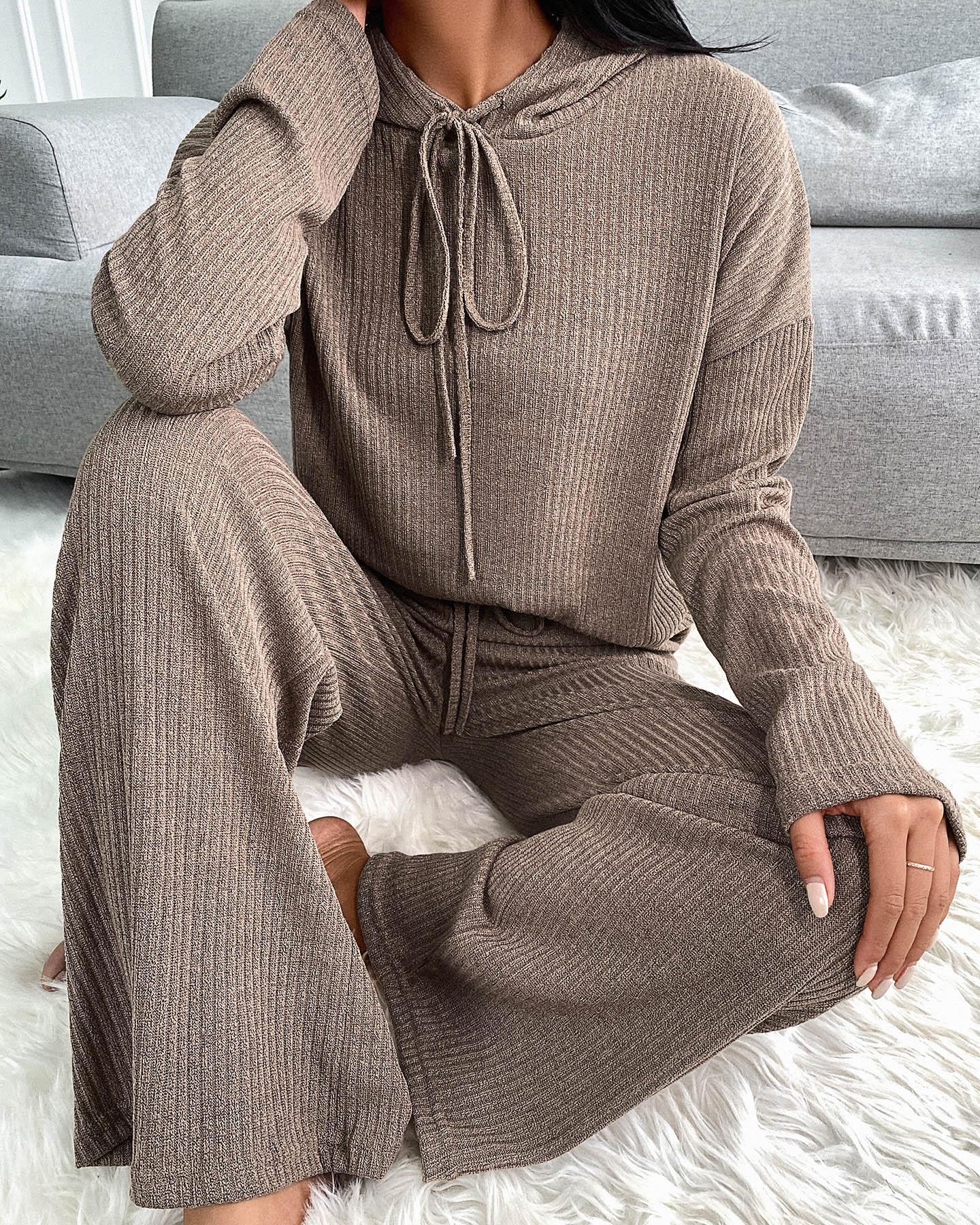 

Drawstring Hooded Top & Pants Set, Khaki