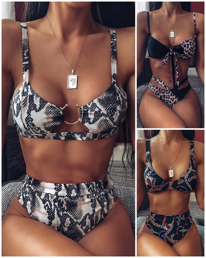 

Ring Design High Waist Bikini Set, Gray