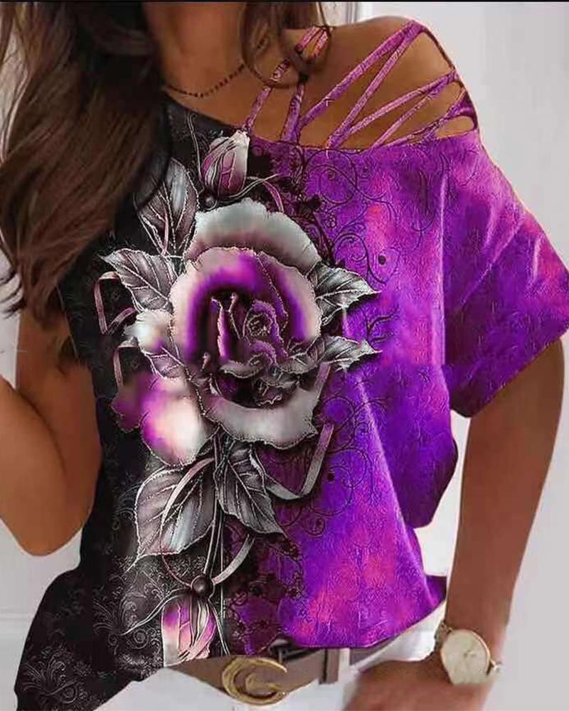 

Rose Print Hollow-out Short Sleeve T-shirt, Purple