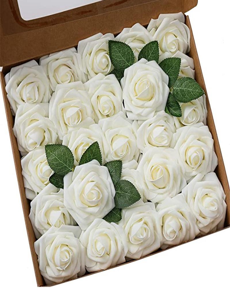 

Artificial Flowers 25pcs Real Looking Blush Foam Fake Roses with Stems for DIY Wedding Bouquets Bridal Shower Centerpieces Party Decorations, Beige