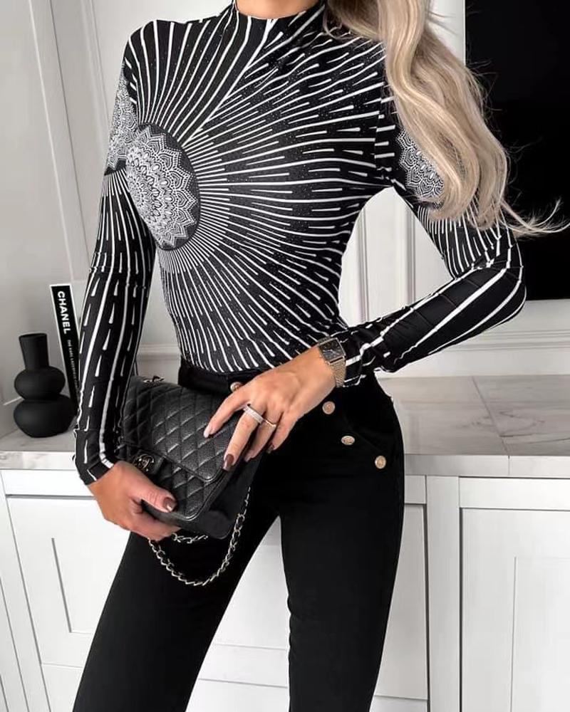 

Tribal Print Long Sleeve Top, Black