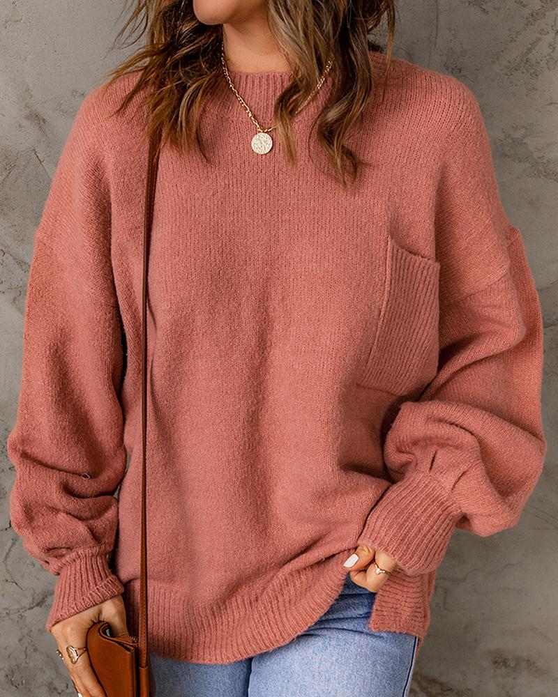 

Pocket Design Long Sleeve Knit Sweater, Red