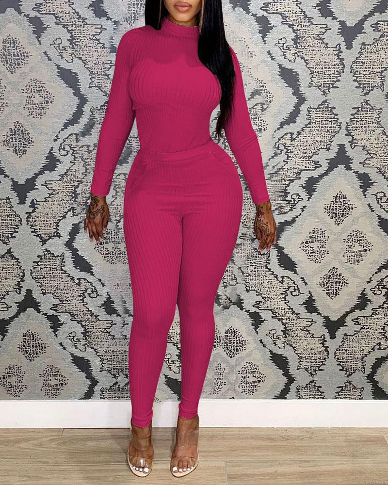 

Ribbed Long Sleeve Top & Pants Set, Hot pink